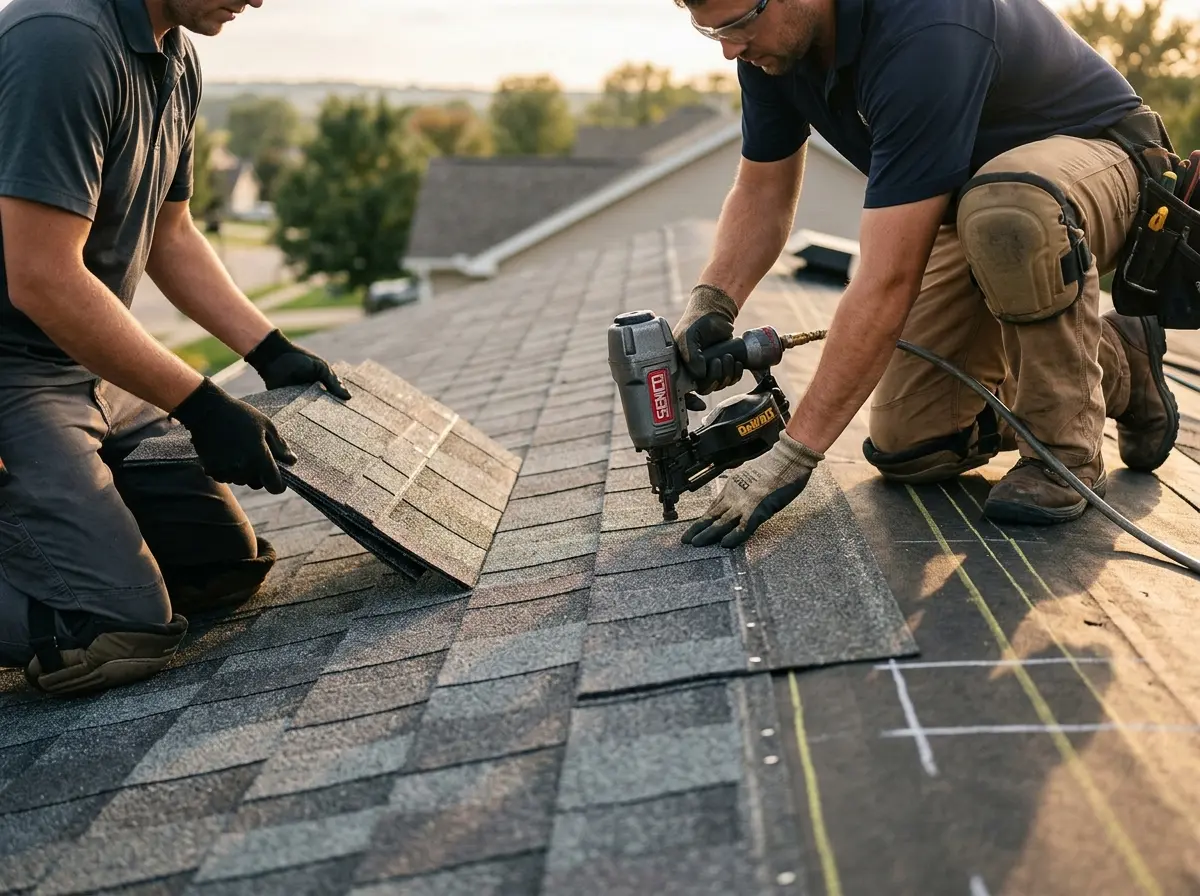 Professional roofer working on a residential roof in Horizon City